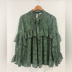 Lucky Brand Green Paisley Floral Ruffle Blouse 2X